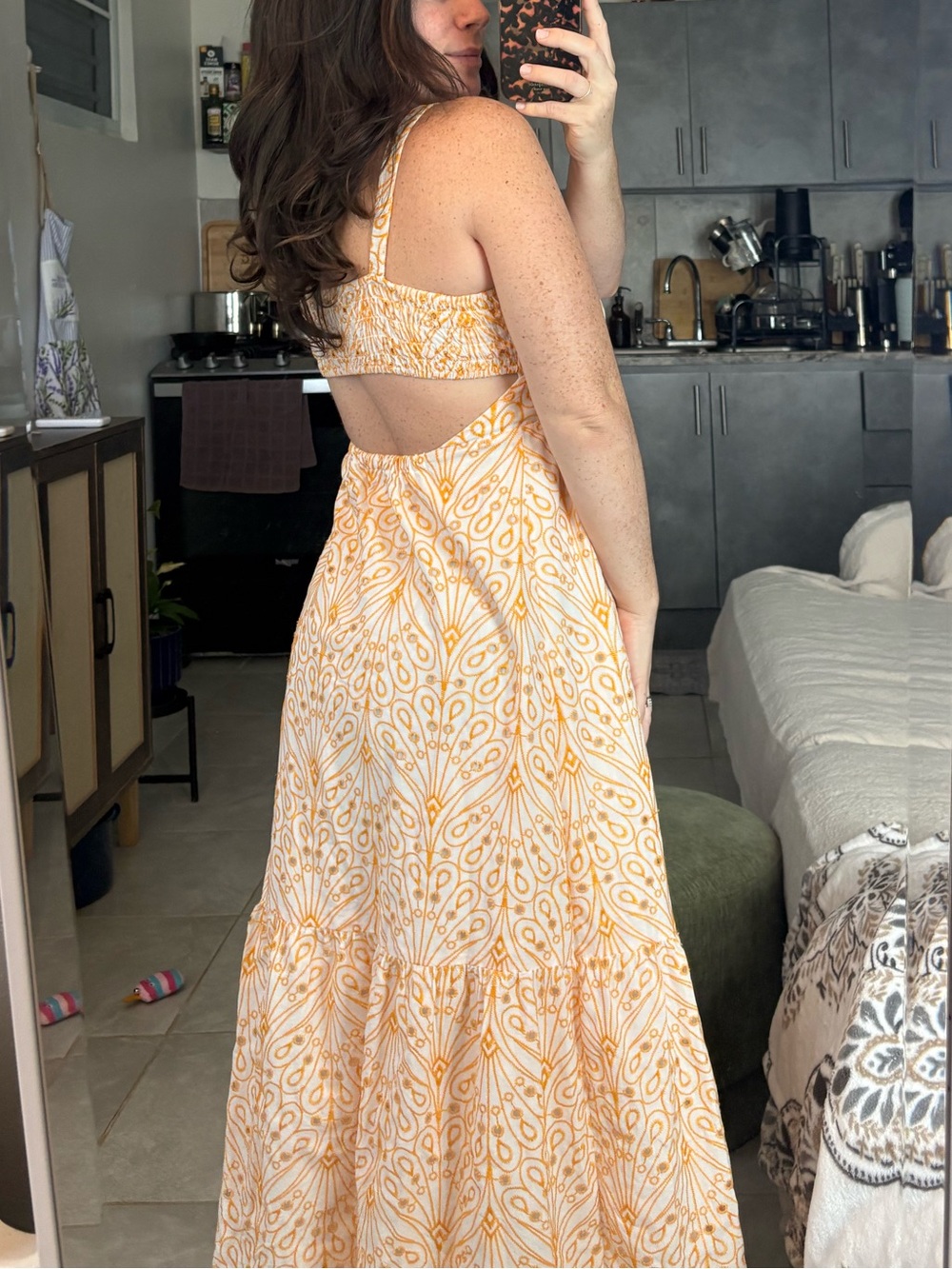 LOFT Light Orange Embroidered Swirls Sleeveless Maxi Dress Open Back 4 - Picture 3 of 12